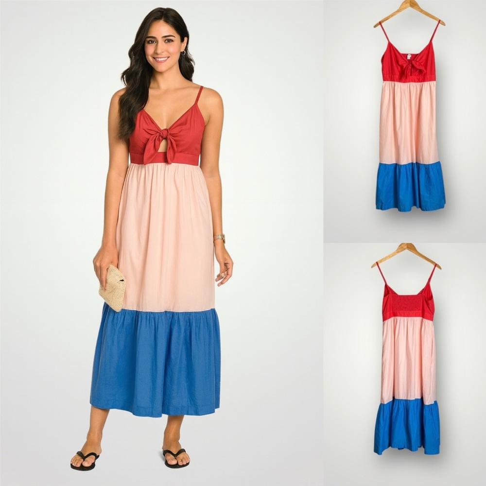NWOT J Crew Factory Colorblock Tie Front Dress Pockets Spaghetti Strap Lined